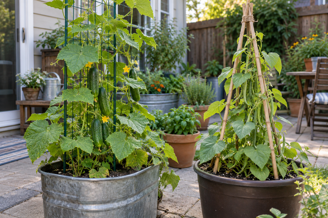AI-generated illustration of a container cucumber plant on a mesh trellis beside pole beans growing on a bamboo tripod.