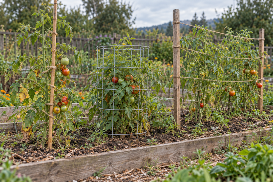 Illustrative comparison of a single stake, a tomato cage, and a row trellis for backyard tomato plants. AI-generated example; not a Bamboogro product photo.