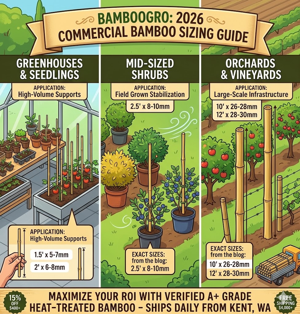 Infographic guide for installing commercial heat-treated bamboo stakes in nurseries and orchards.
