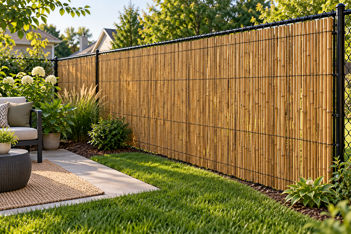 Natural bamboo privacy fencing installed on an existing backyard chain-link fence