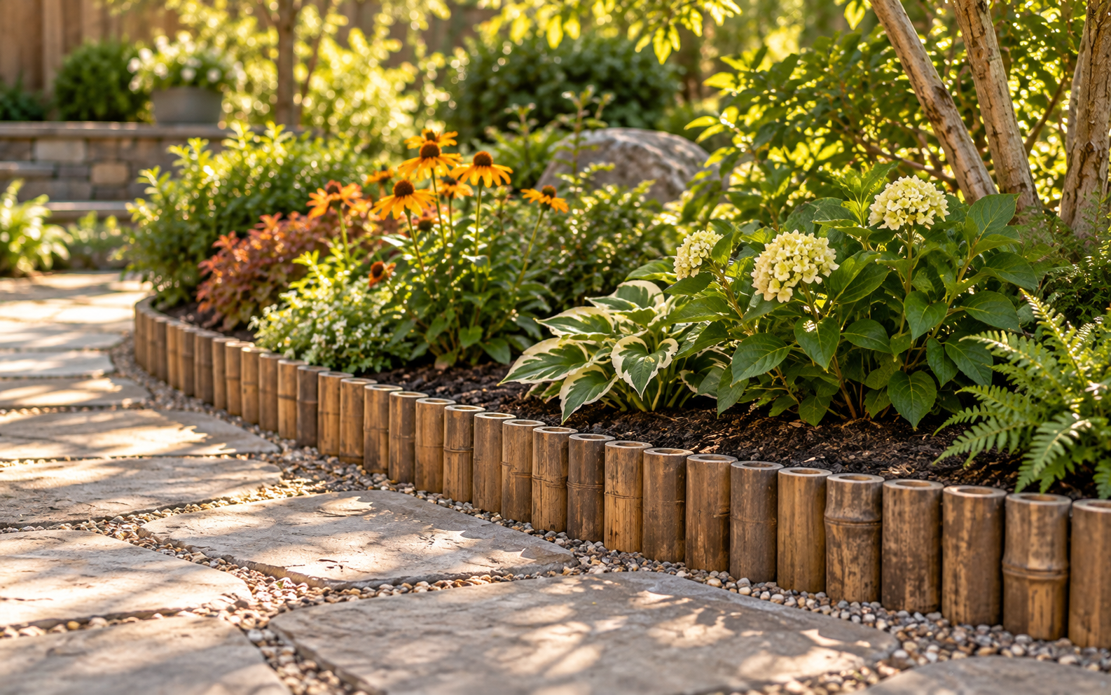 Natural bamboo garden border edging beside a stone path
