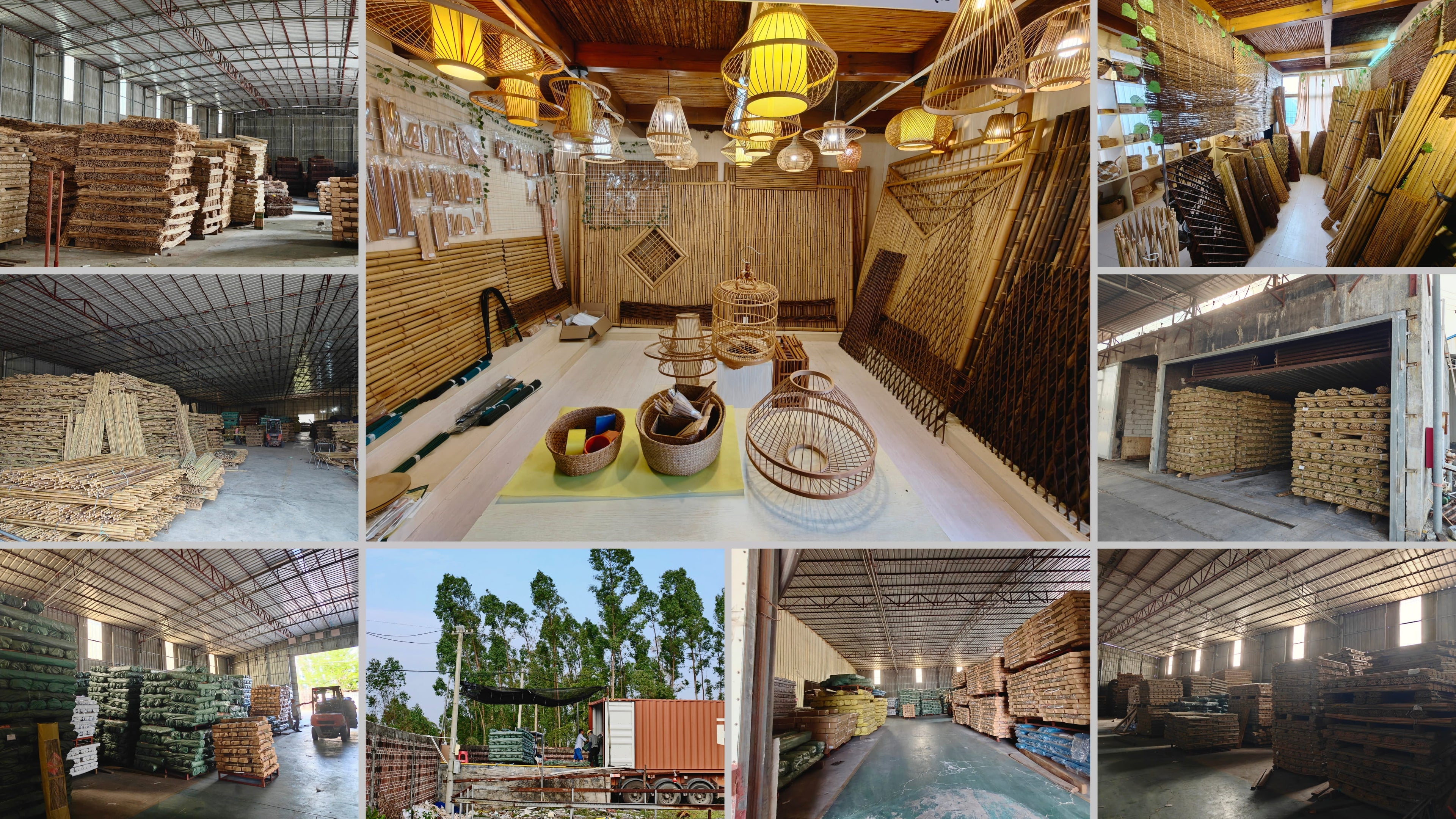 Bamboo factory overview including raw material storage, production workshop, showroom, and container loading for wholesale