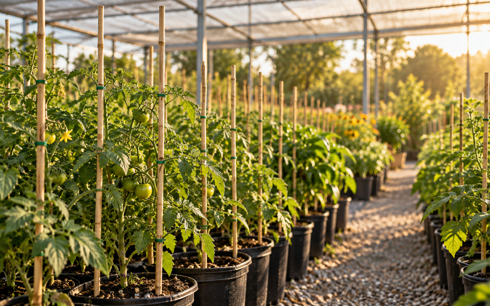 Bamboo stakes supporting tomato plants in a warm-lit nursery