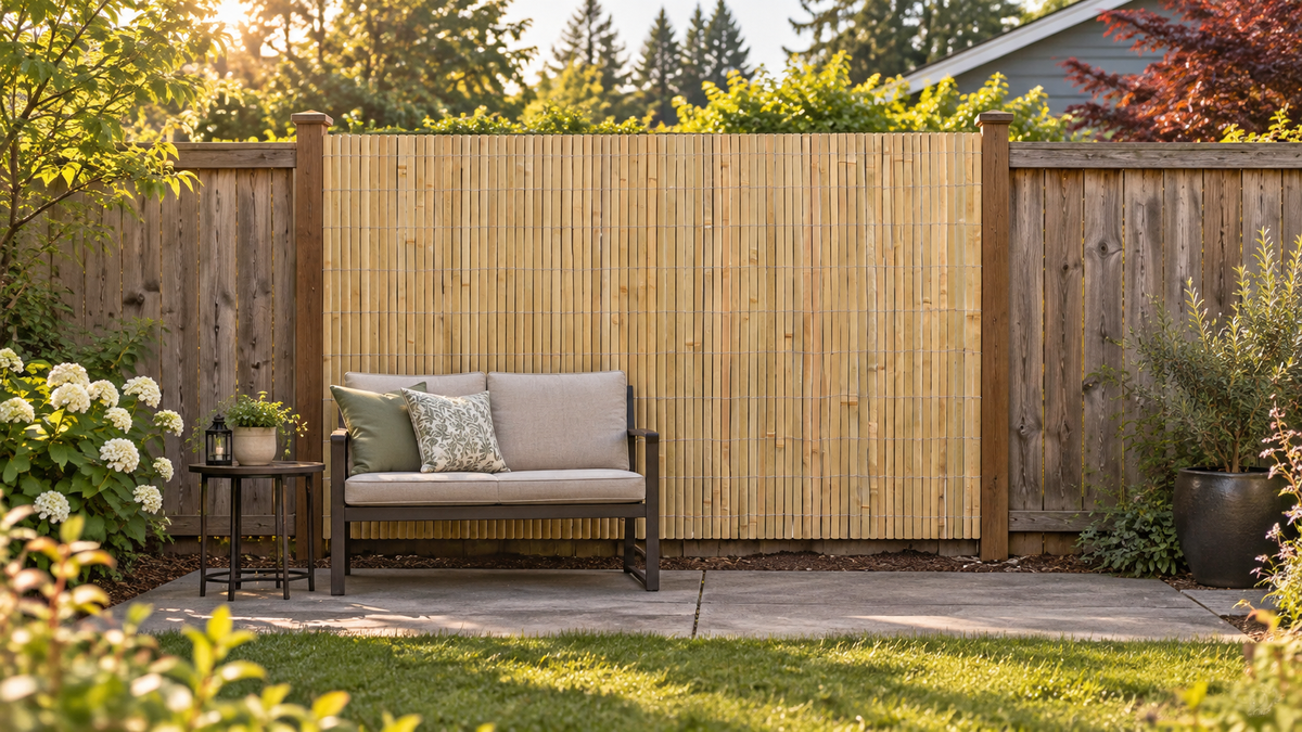 One 6 by 10 foot bamboo slat screen installed on a standard backyard fence beside a patio