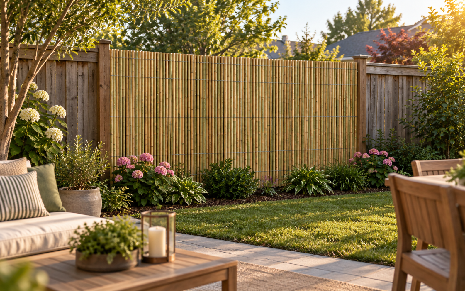 One 6 ft by 10 ft bamboo slat screen installed on a backyard fence