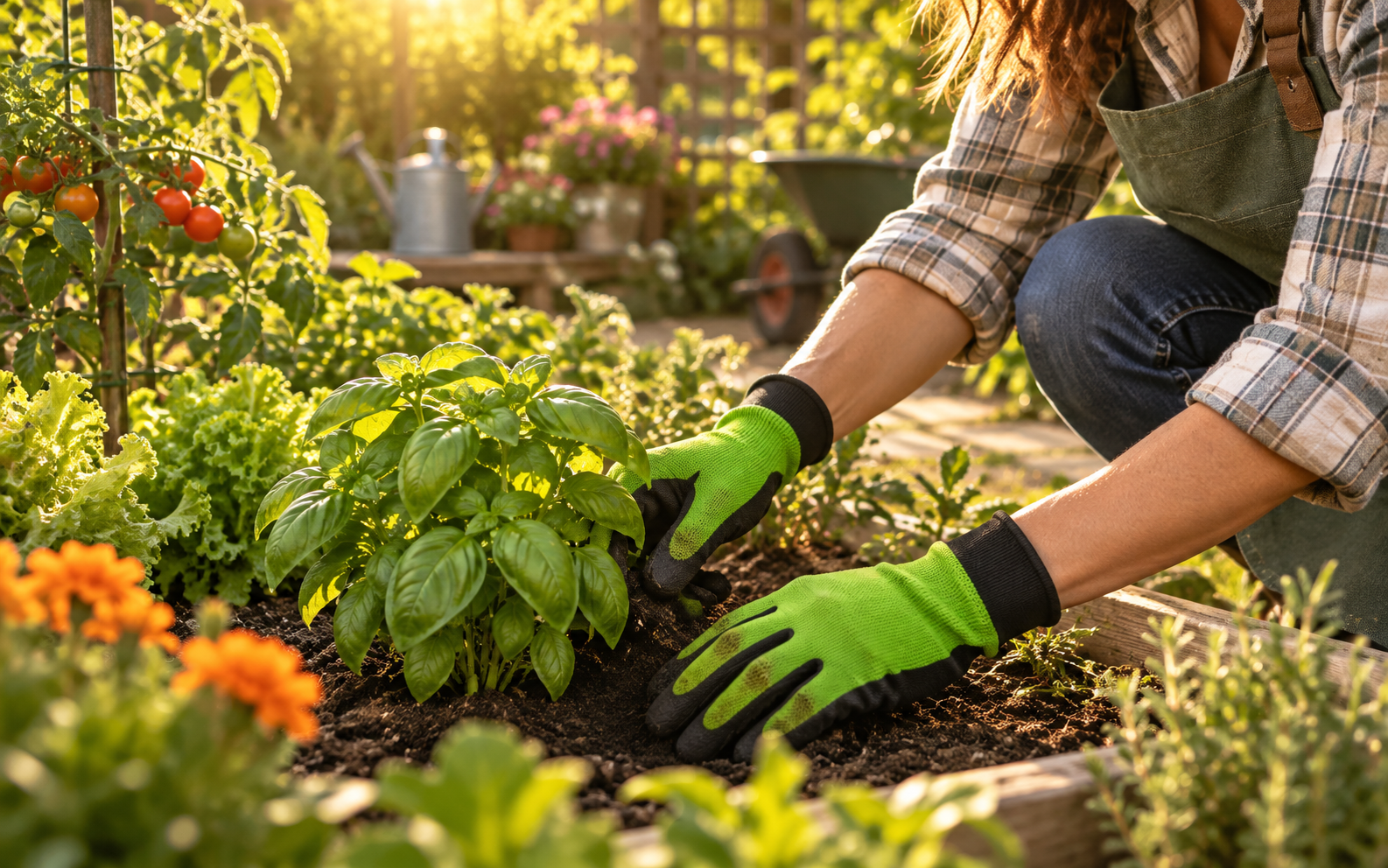 Gardener wearing green and black protective gloves while tending garden plants