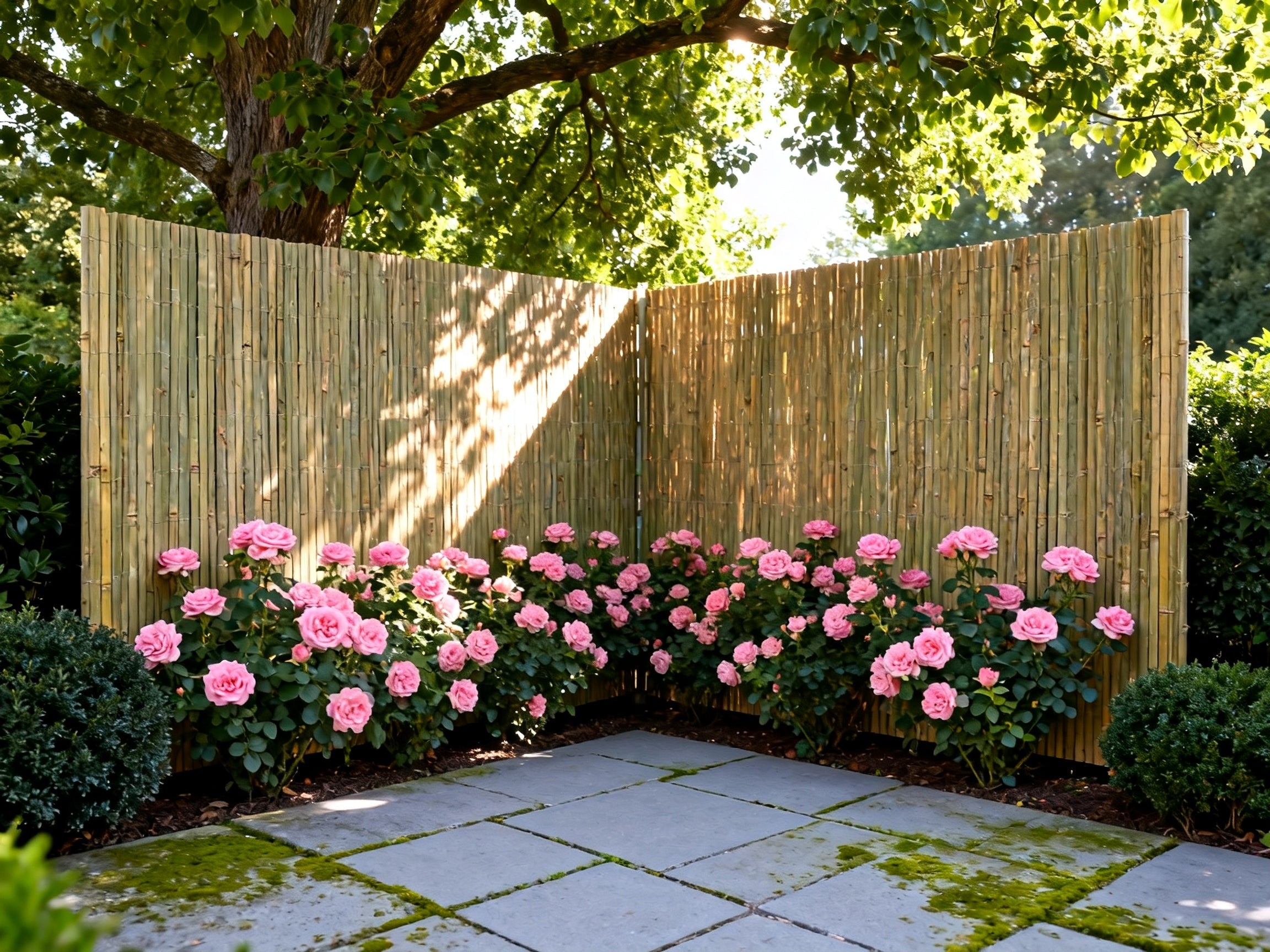 Bamboo privacy fence screening a residential garden
