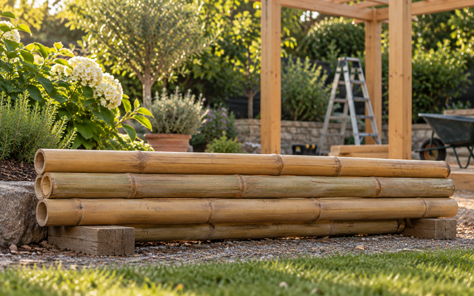 A small bundle of large-diameter bamboo poles stacked beside a garden project