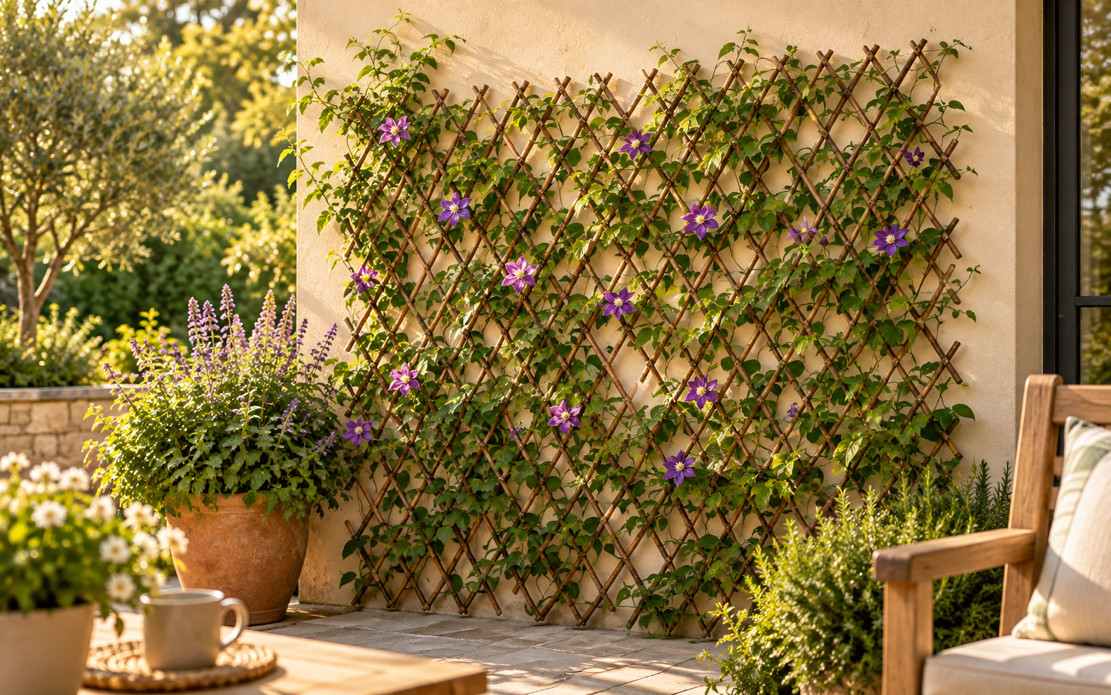 Expandable willow lattice trellis supporting flowering vines against a garden wall